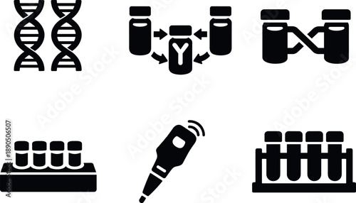 Solid vector icons of molecular decision-making vials: DNA strand array, reaction logic chamber, strand-binding junction; thermal