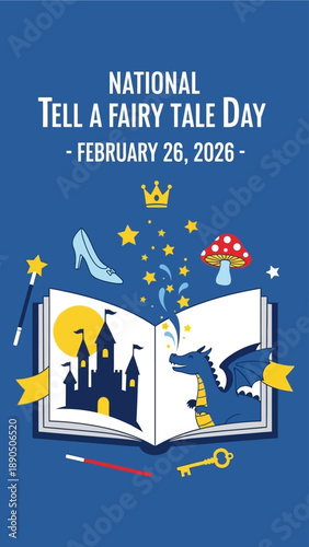 National Tell a Fairy Tale Day poster with magical storybook illustration
