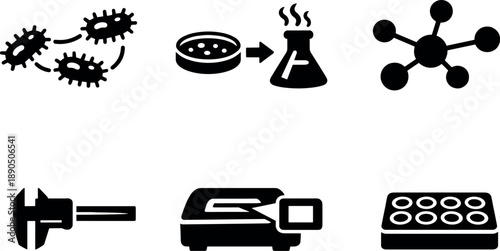 Solid vector icons of biological signal networks: bacterial messenger chain, chemical-signaling interface, response node;