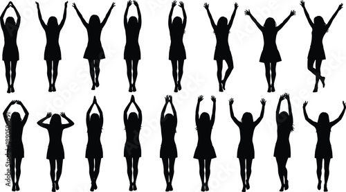 Female silhouette sequence, expressive arm poses, black vector icons, dance movement, standing figure variations, choreography design, isolated posture illustration