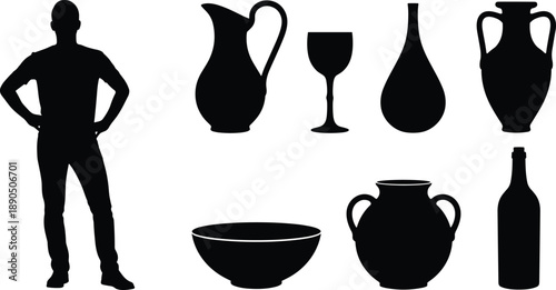 Human and vessel silhouettes, black icon set, ancient pottery shapes, standing figure comparison, vector design elements, archaeological clipart, container graphics