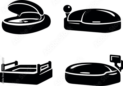 Solid vector icons of float-based isolation therapy tanks: calm saline pool, gravity-light float field, uninterrupted interior