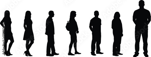 Human silhouette lineup, diverse people icons, black vector figures, fashion poses, standing characters, casual attire, backpack graphic, isolated design elements