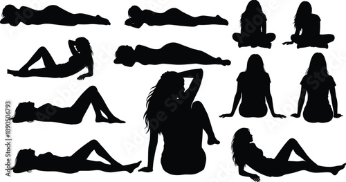 human silhouettes seated, reclining poses illustration, diverse posture outline, body language design, artistic figure graphic, casual relaxation, meditation icon, lifestyle decor, yoga outline