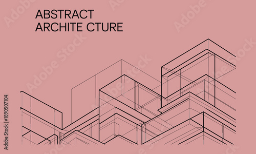 Abstract architectural wireframe with geometric lines and shapes on a muted pink background creating a modern and minimalist aesthetic