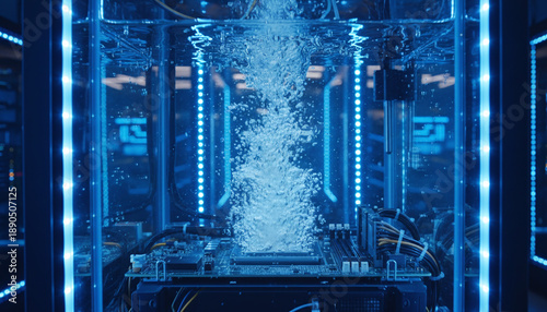 Computer server motherboard submerged in liquid for immersion cooling technology