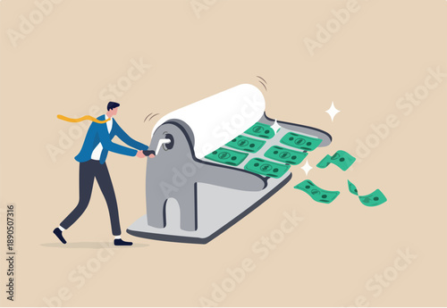 Printing money, quantitative easing policy by countries central bank or FED, federal reserve to stimulate economics concept, businessman central bank man rolling money printer to print money banknotes