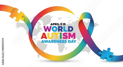 World Autism Awareness Day graphic with puzzle piece ribbon and world map