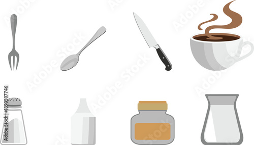 Kitchen, dining, utensils, vector, illustration, sketch, outline, fork, spoon, knife, beverage, jar, pitcher, salt, shaker, layout, graphic, design, minimal, top-down, icon