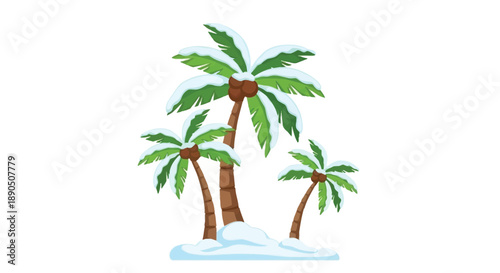 Three palm trees covered in snow on a small island illustration