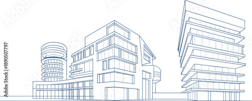 Architectural of a modern urban complex featuring a cylindrical tower and a multi-faceted building with clean lines and blueprint style