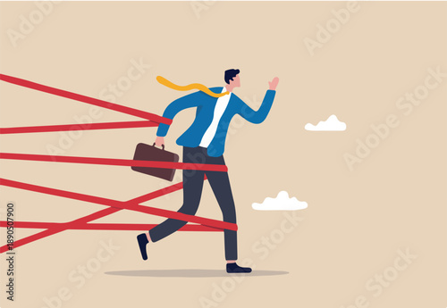Business difficulty or struggle with career obstacle, limitation and trap or challenge to overcome to success concept, businessman tied up with red tape trying to run away with full effort.