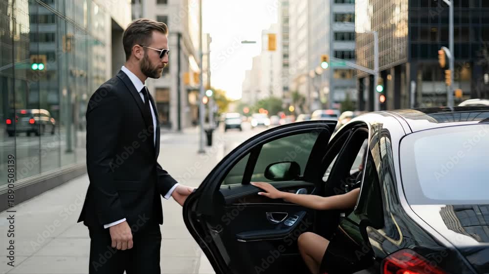 custom made wallpaper toronto digitalProfessional bodyguard opening the rear door of a luxury sedan for a beautiful woman in a black dress, providing security and exclusive chauffeur service on a modern city street