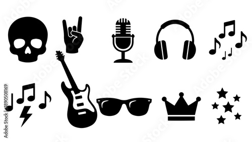 Rock and Roll Black Icon Set – Music Silhouette Vector on White Background, rock and roll icons, music icons, black icons, silhouette icons, rock music symbols, skull icon, electric guitar, rock hand,