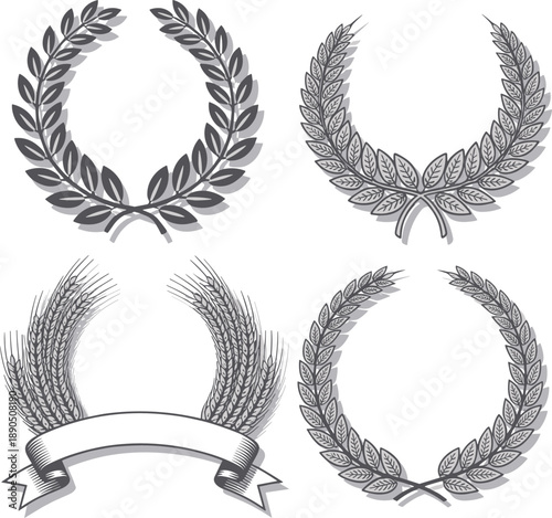 Collection of four vintage laurel wreath and wheat sheaf with a ribbon, symbolizing achievement, victory, and awards