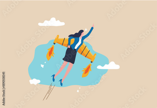Success booster or accelerate career growth, woman power or lady leadership, speed up working progress or boost work ambition concept, confident businesswoman flying rocket booster or jetpack engine.