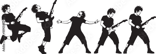 Energetic Black Silhouette Collection of a Male Guitarist Performing Various Rock Music Poses Jumping and Playing Electric Guitar Isolated on a Clean White Background