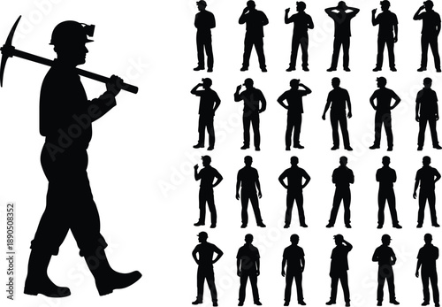 Miner silhouette with pickaxe, worker icons, industrial vector set, black labor figures, mining clipart, helmet headlamp design, workforce illustration