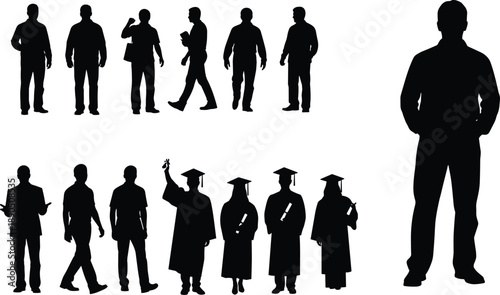 Silhouettes of people showing life stages, career growth, education journey, graduation, personal development, success, maturity, black figures, white background