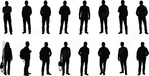 Standing people silhouette, black figures, male female, casual pose, fashion posture, identity concept, minimal design, visual icon, body language