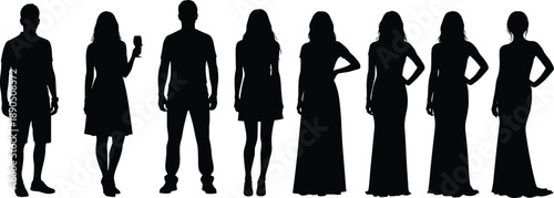 Standing people silhouettes, male and female figures, fashion styles, black vector icons, casual poses, dress variety, isolated design elements