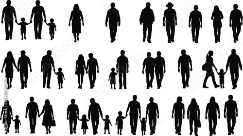 walking people silhouettes, family figures, couple icons, children illustration, social interaction, demographic design, urban lifestyle, community graphic, human outline, diverse posture