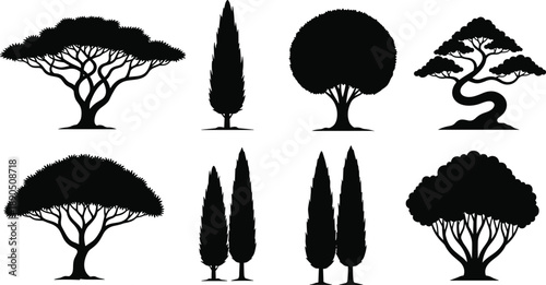 tree silhouettes illustration, diverse foliage shapes, seasonal variation, botanical outline, forest design, ecological art, nature graphic, landscape decor, woodland diversity, environmental icons
