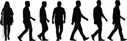 Walking silhouette sequence, human motion, black figures, gait cycle, posture, movement, animation reference, white background, dynamic pose, body gesture