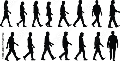 Walking silhouette, black figures, side profile, human gait, posture study, fashion stance, minimal design, movement icon, visual identity, body gesture