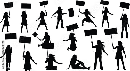 Women protest silhouettes, blank signs, activism, demonstration, social movement, standing, sitting, jumping, crouching, black figures, white background, expressive poses