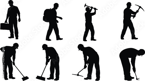 worker silhouettes, construction labor, manual tasks, industrial figures, occupational icons, maintenance work, physical job illustration, tool usage, workplace activity, labor diversity