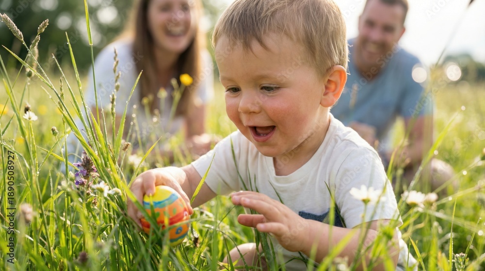 Fototapeta premium A happy toddler discovers a colorful Easter egg hidden in tall green grass while his parents watch. Joyful family celebration in nature. Ideal for spring holiday promotions and family content.