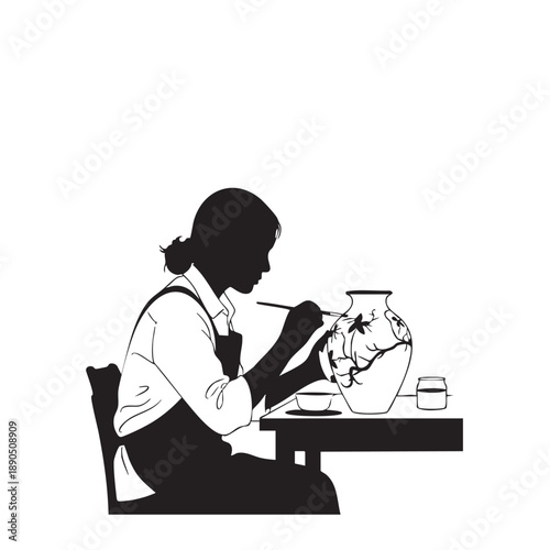 a_woman_is_sitting_at_a_table_with_a_cup_and_a_spoon_traced