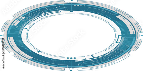 Teal and grey circular futuristic HUD with detailed segments and glowing accents on a white background representing advanced digital interfaces