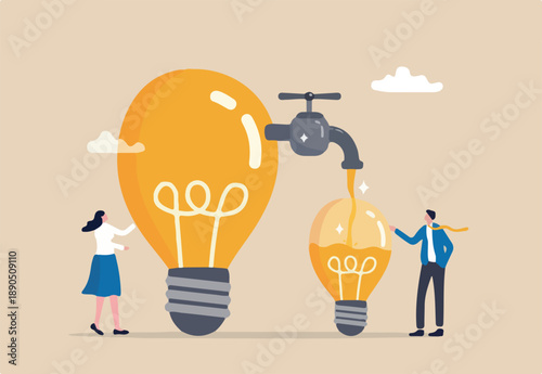 Sharing idea or knowledge sharing, transfer information or wisdom to employees or colleagues, creativity or innovation, learning new skills concept, business people transfer idea to new lightbulb.