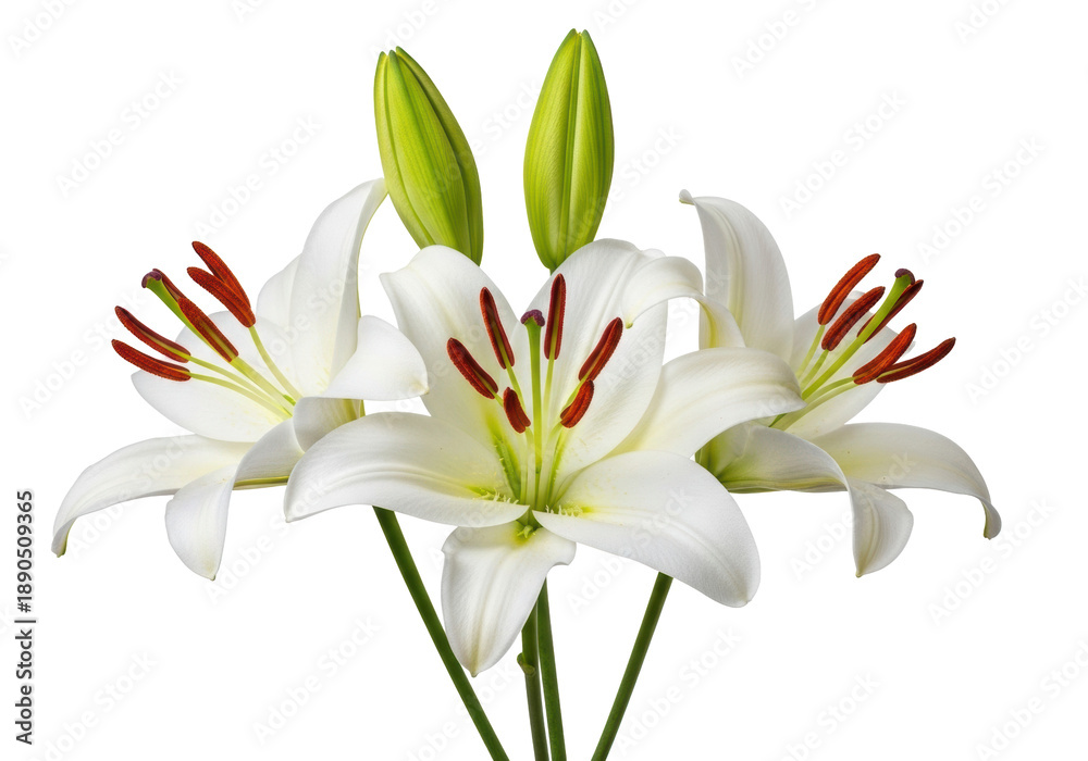 Fototapeta premium Three transparent lily blooms with reddish-brown anthers, two green buds, and vibrant stems, isolated on a transparent background with copy space, clean studio botanical study concept of pure