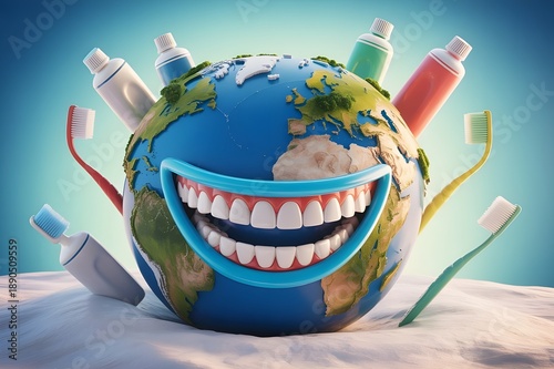 3D Global Oral Health Day Concept Featuring Planet Earth with a Happy Smile and Dental Care Tools