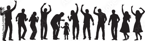 Energetic Black Silhouette Collection of Diverse People Dancing and Celebrating at a Music Concert Nightclub or Party Event Isolated on a Clean White Background