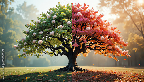 a tree showing the passage of time through seasons. One side captures cherry blossom season with soft pink blooms and vibrant greenery, the other side shows autumn with rich fall colors and scattered 