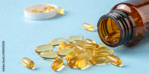 Amber supplement bottle tips over as yellow capsules rest on clean blue background with copy space for wellness advertising