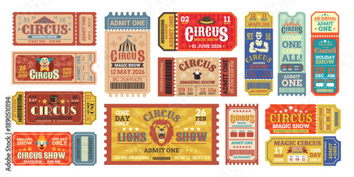 Circus tickets. Carnival ticket retro design template, vintage fair invitation entrance paper coupon cabaret show event party festival coupons certificate kicky vector illustration