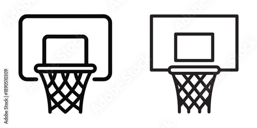 Set of Minimalist Black and White Basketball Hoop Icons Featuring Backboard and Net Graphics for Sports App Design and Web UI.