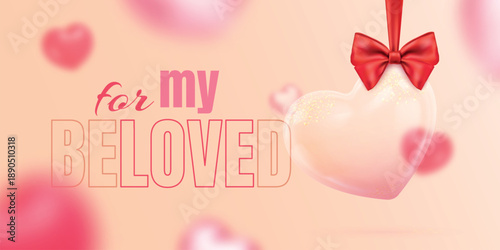 3d heart balloon banner. Realistic plastic glass transparent hearts balloons with red ribbon bow, love for beloved valentine mothers day poster romantic wedding vector illustration