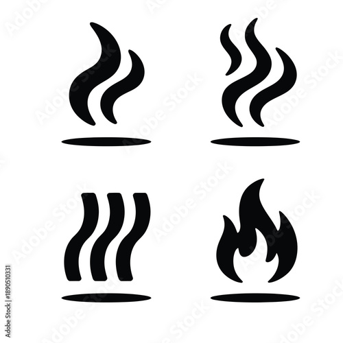 A collection of four black and white icons depicting various forms of heat, steam, and fire, suitable for graphic design elements.