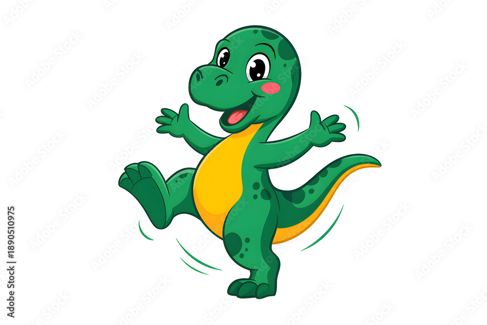 Fototapeta premium Cartoon green dinosaur performing happy dancing movement