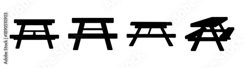 Picnic Table Set Silhouette Collection: Various Angles and Styles, Flat Design Vector Illustration