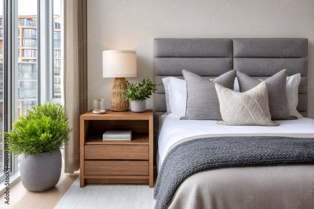 Fototapeta premium Modern bedroom interior with bedsidetable and potted plants