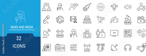 Media icon set.news and media research outine icons set with editable stroke.Containing News, Television, video,journalism, and more. Editable stroke.