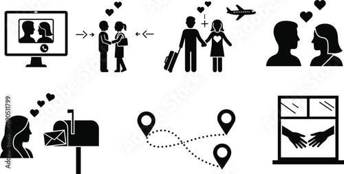 Black silhouette icons showing stages of long-distance romance including video calls, travel, letters, and emotional connection