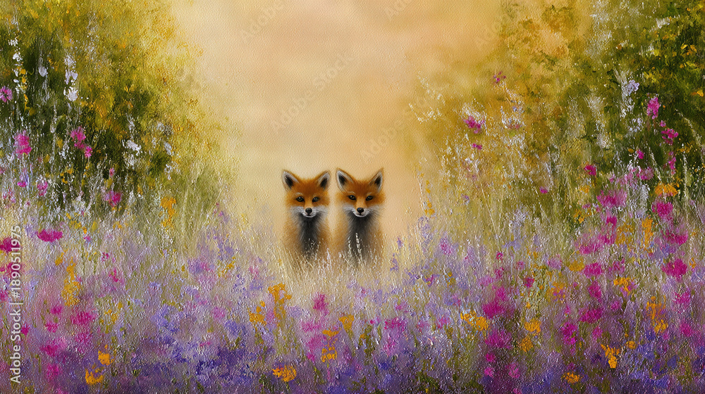Fototapeta premium Two Foxes Peeking Out of Wildflower Field at Sunrise